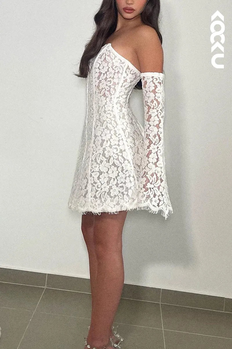 K2134 - Gorgeous & Charming Scoop Long Sleeves Lace Appliques Mini Wedding Dress