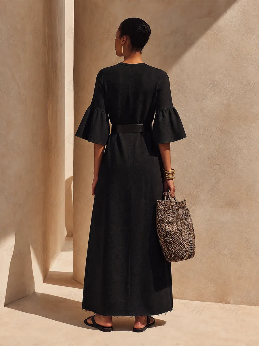 Women’s Black Crew Neck Flare Half Sleeve Raw Frayed Hem Midi Maxi Dress With Side Pockets MDZ0263G4YZJ