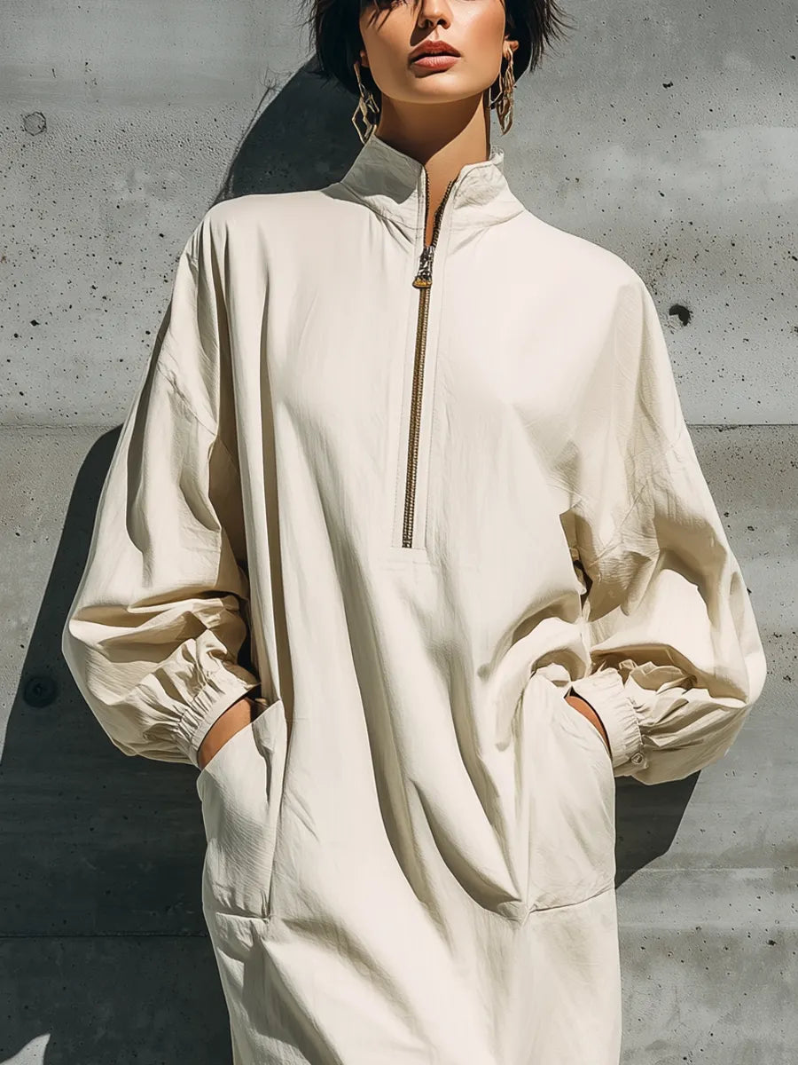 Women's Off White Cotton Blend Stand Collar Half Zip Balloon Elastic Cuff Side Pocket Cutout Hem Midi Dress MDZ1616G9YZJ