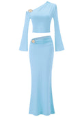 Long Sleeve Bardot Two Piece Maxi Dress Blue