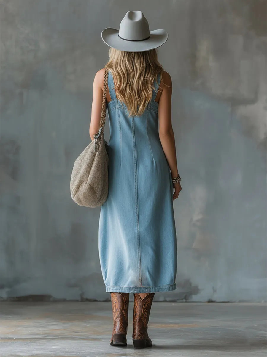 Vintage Elegant Suspender Blue Denim Front Button Square Neck Sleeveless Midi Dress