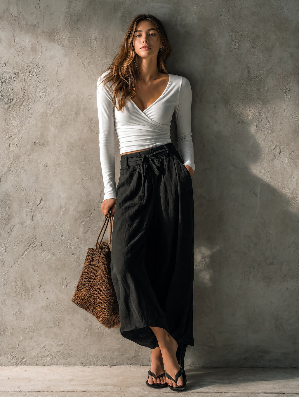 Women's Casual White Stretch-knit V-neck Long-sleeve Top Paired With A Black Cotton-linen Skirt. MDZ2369G5LXY