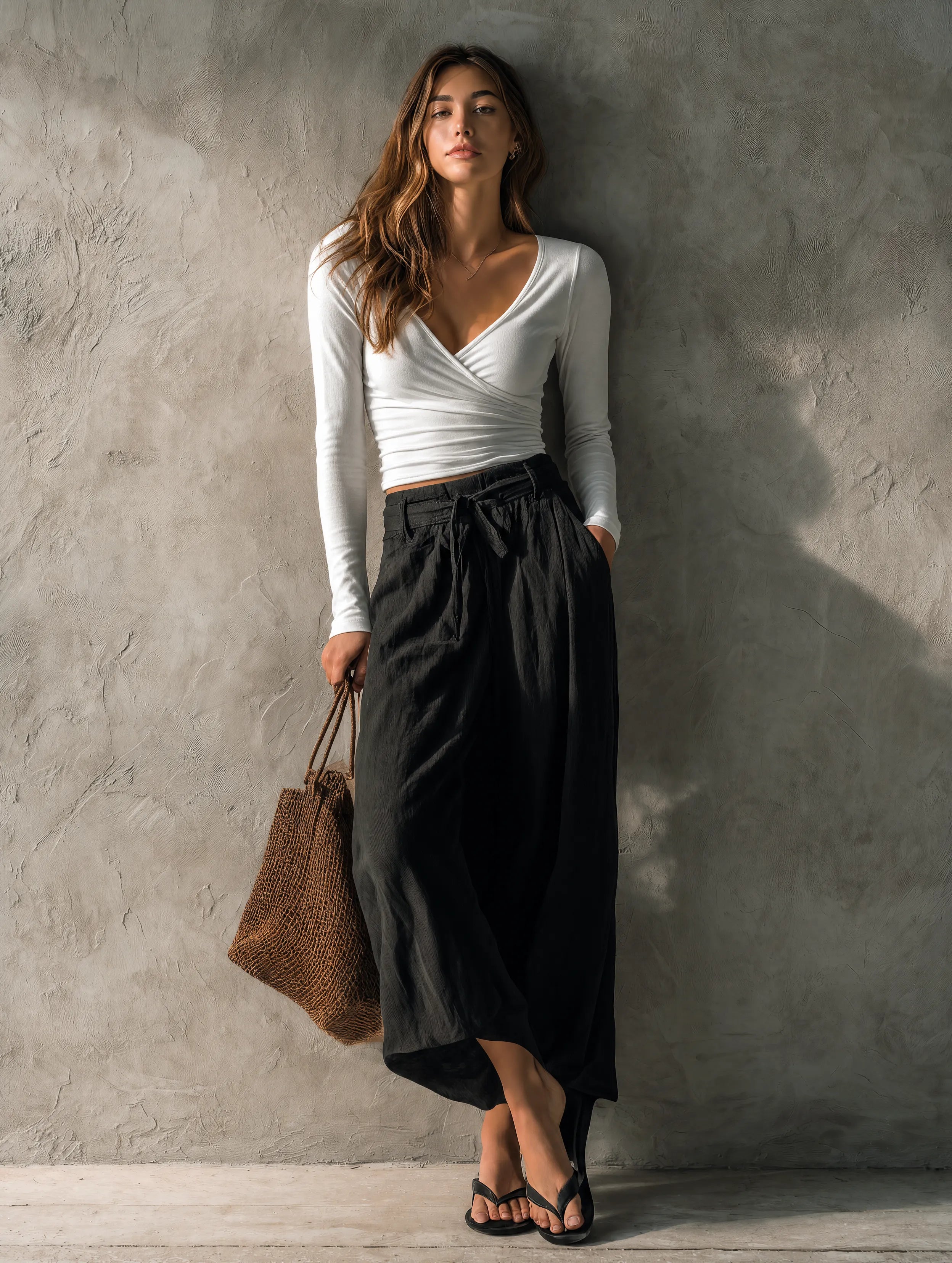 Women's Casual White Stretch-knit V-neck Long-sleeve Top Paired With A Black Cotton-linen Skirt. MDZ2369G5LXY
