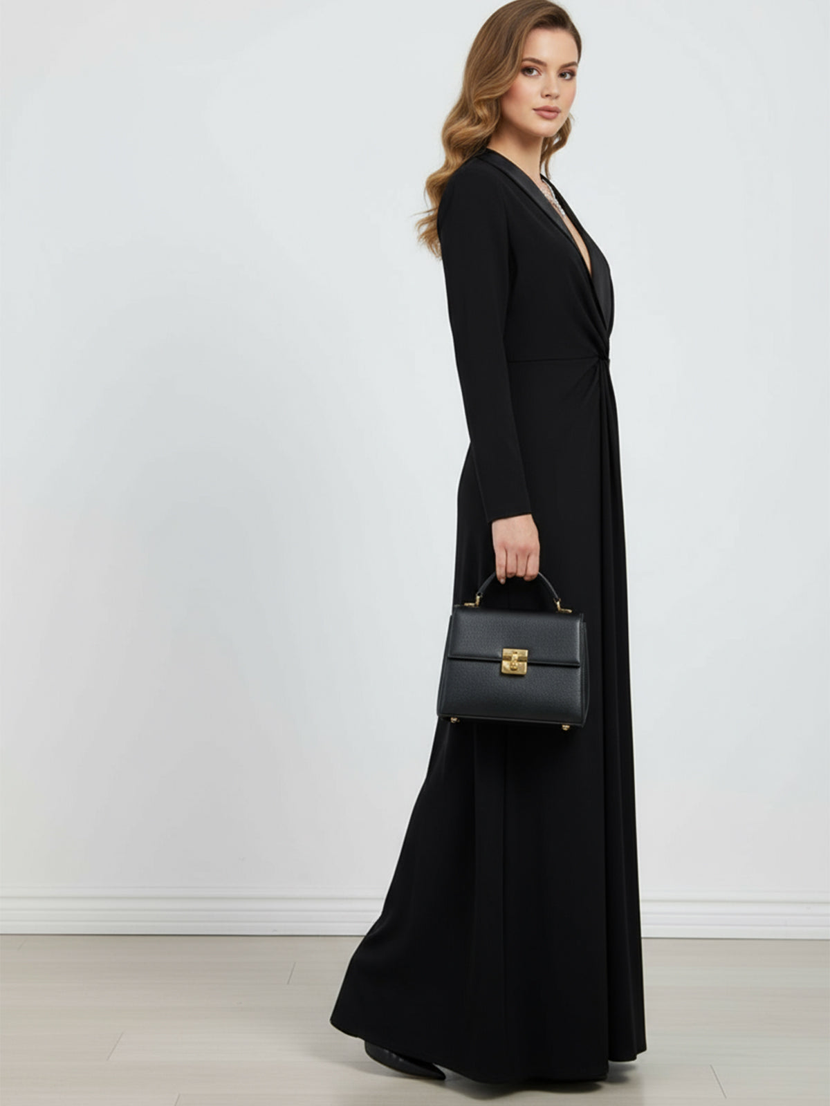 Long Sleeves Skinny Solid Color Deep V-Neck Maxi Dresses