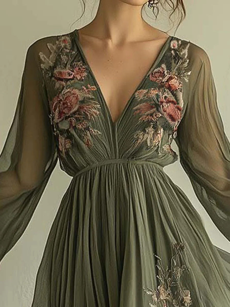 Vintage 3D Floral Print Maxi Dress - Elegant V-Neck Long Sleeve Boho Garden Party Gown