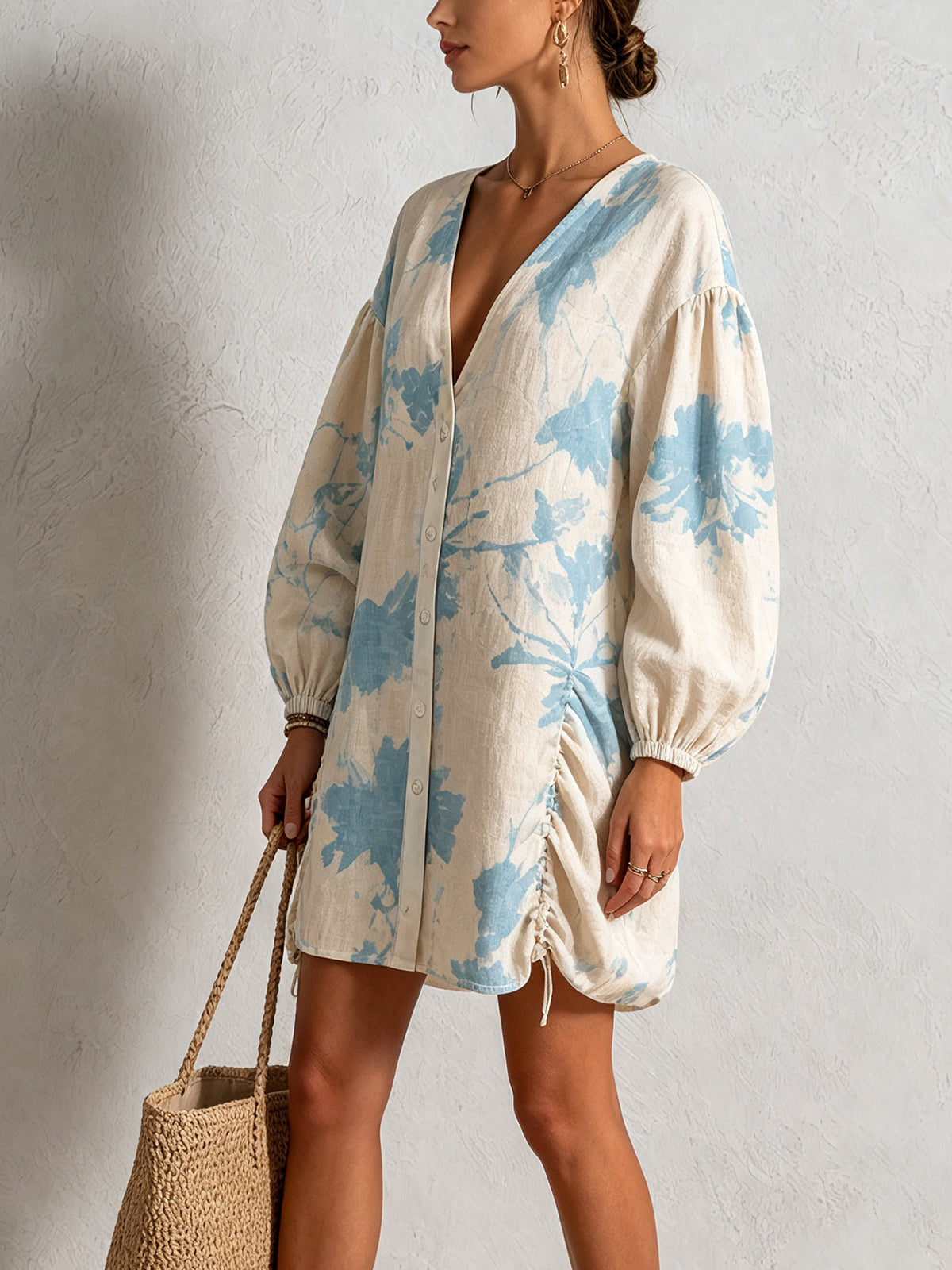 Women's Floral Print V-Neck Lantern Sleeve Button Down Mini Dress