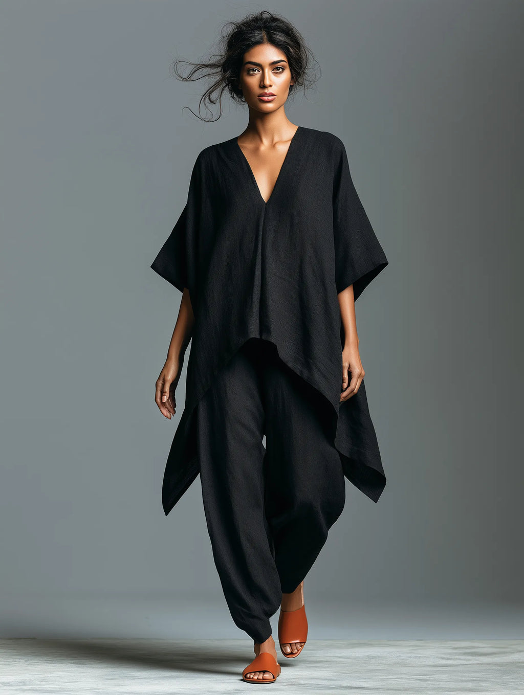 Women's Minimalist Linen-blend V-neck Mid-sleeve Blouse And Lantern Pants Set With An Asymmetrical Hem MDZ0852G6WY