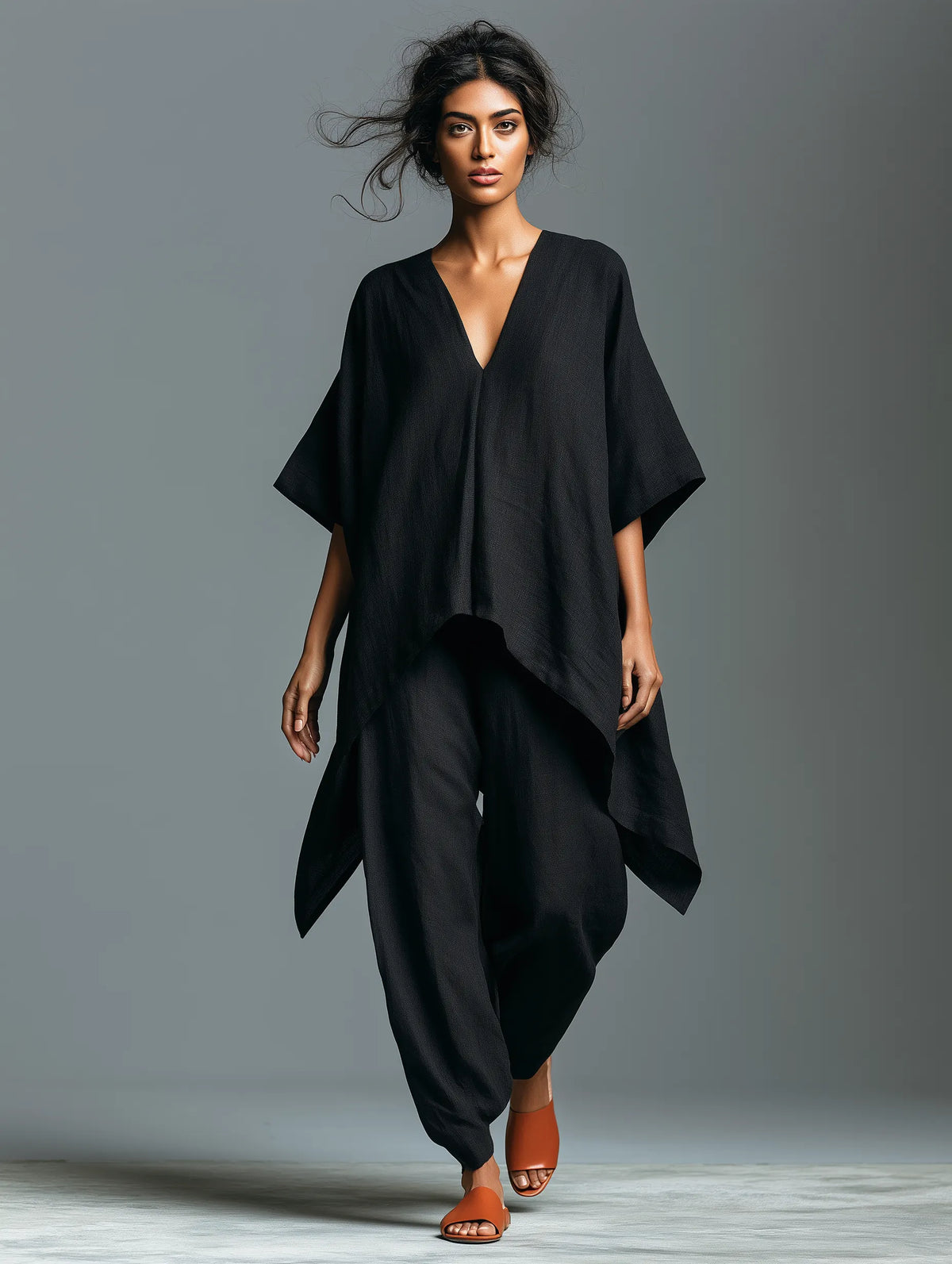 Women's Minimalist Linen-blend V-neck Mid-sleeve Blouse And Lantern Pants Set With An Asymmetrical Hem MDZ0852G6WY