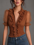 Caramel Cotton Mesh Puff Sleeve Ruffled Blouse