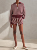 Women's Casual Burgundy And Cream Striped Ribbed Knit Quarter-Zip Collared Sweater And High-Waist Shorts Two-Piece Set MDZ1632G6ZSQ