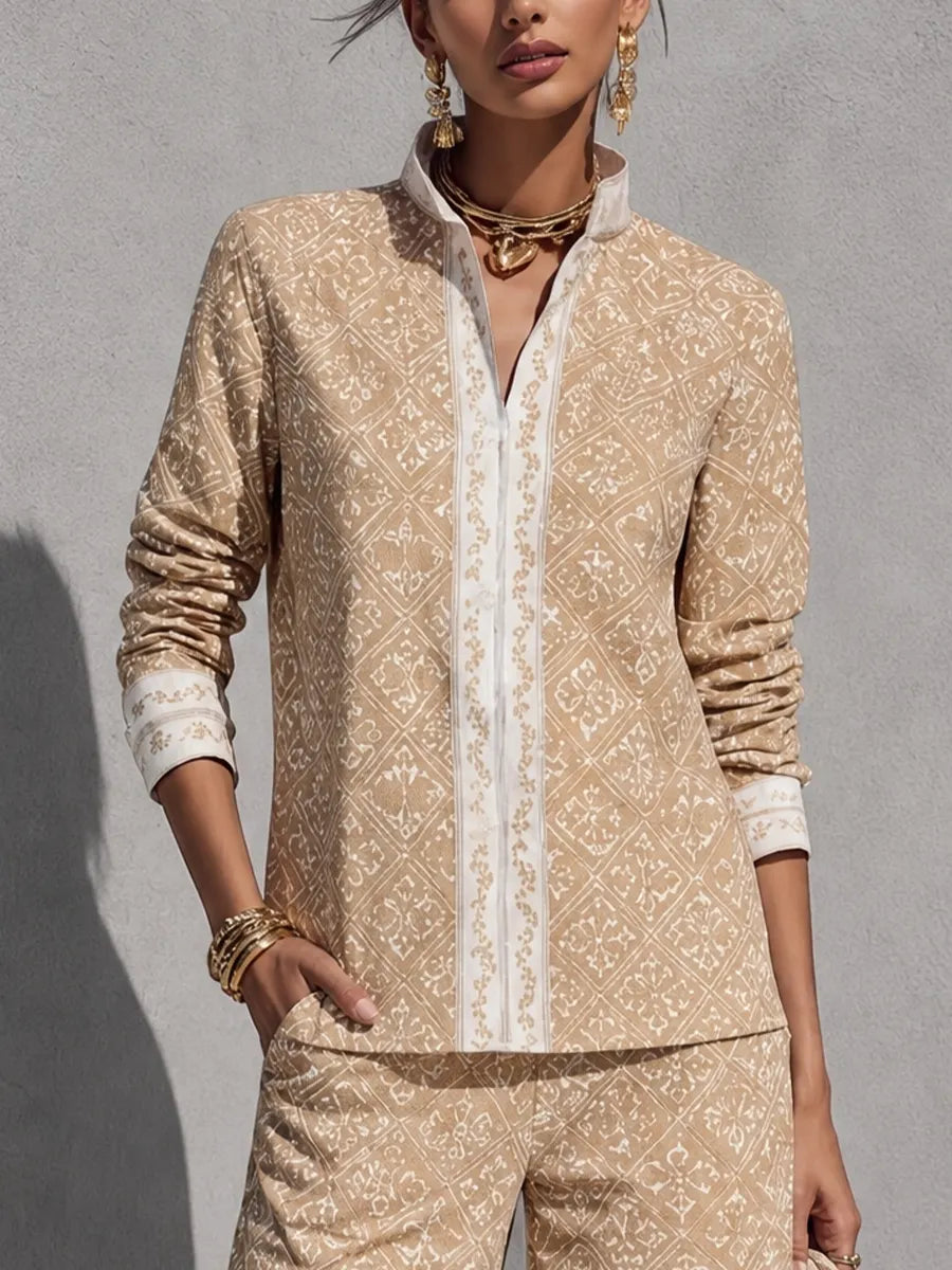 Women's Relaxed Resort Style Khaki Cotton Blend Diamond Print Stand Collar Long Sleeve Wide Leg Long Pants Set MDZ0258G8GMJ