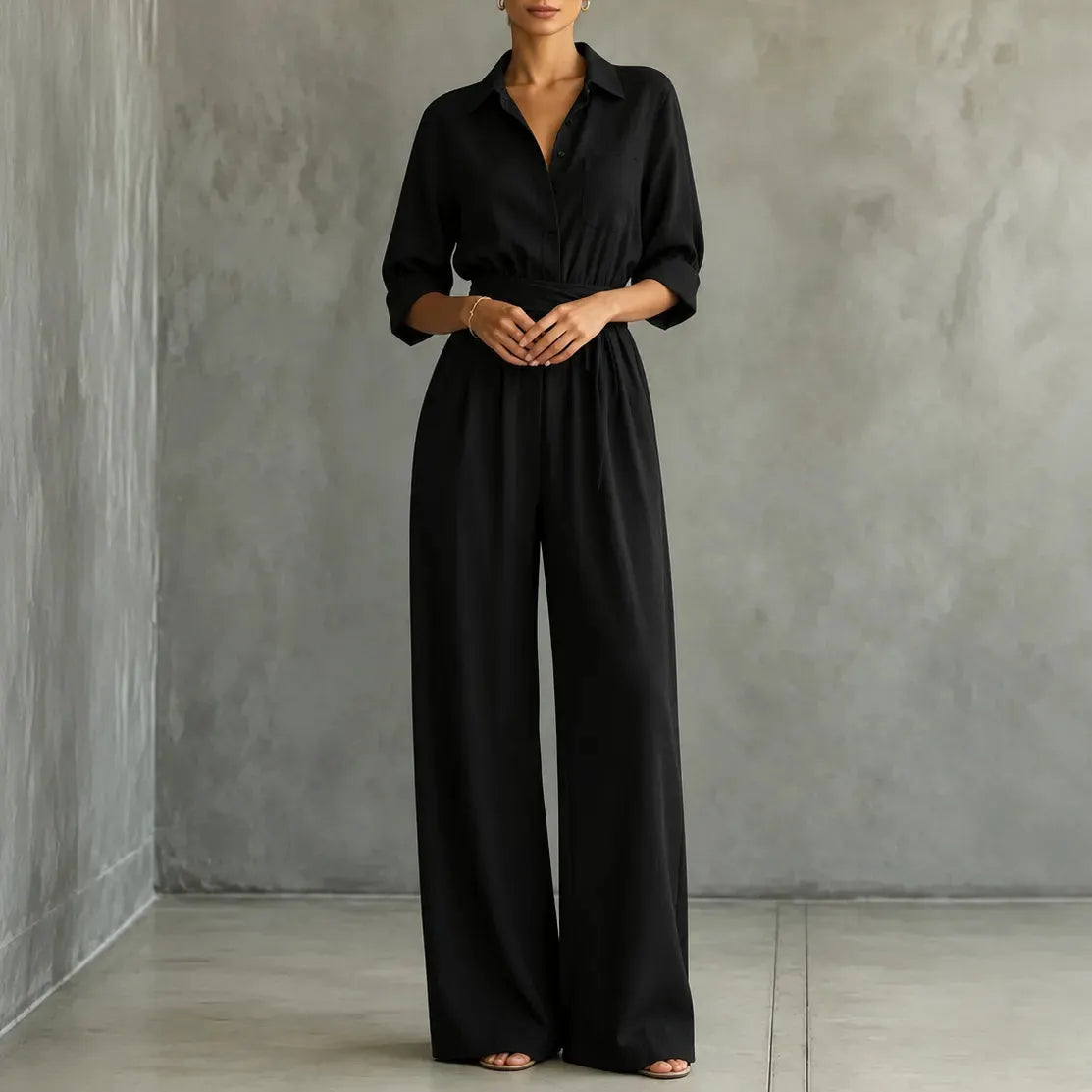 Solene – Belted Wide-Leg Shirt Jumpsuit with Tie Waist