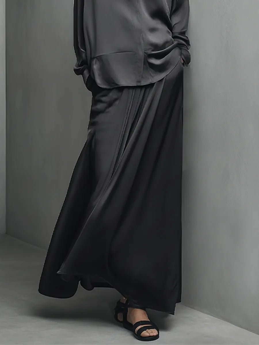 Women's Black Glossy Satin Matching Outfit With Turn Down Collar Shirt & Wide Swing Maxi Skirt, Versatile Evening Vacation Two-Piece Set MDZ1375G3LYL