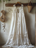 Boho Floral Hollow Lace Patchwork Linen Maxi Dress