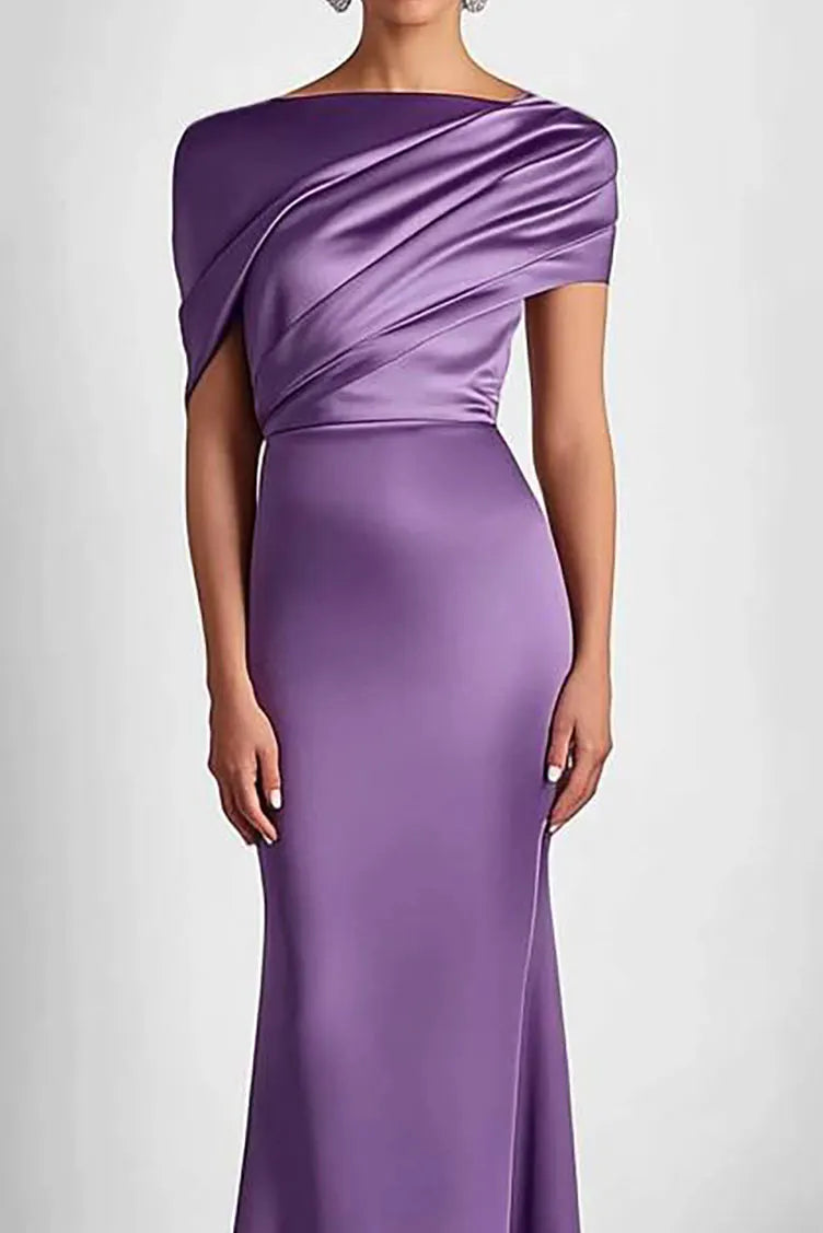 Fall Wedding Guest Dress Satin Purple Ruched Maxi Dress
