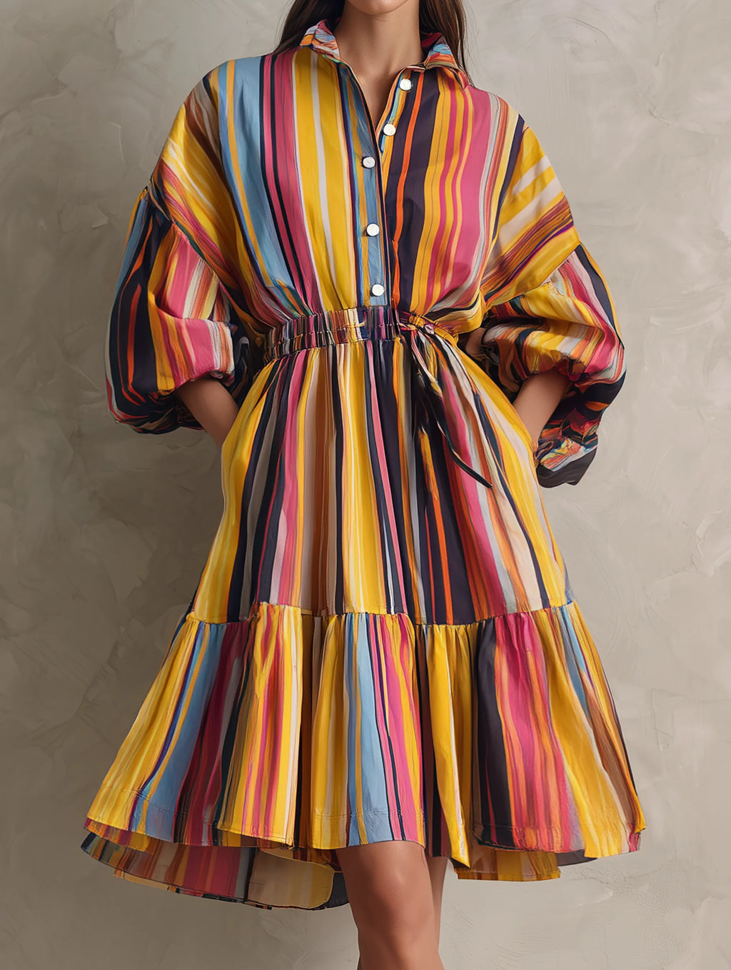 Women's Casual Woven Midi Dress With Colorful Print And 3/4 Sleeves MDZ0973G1LXY