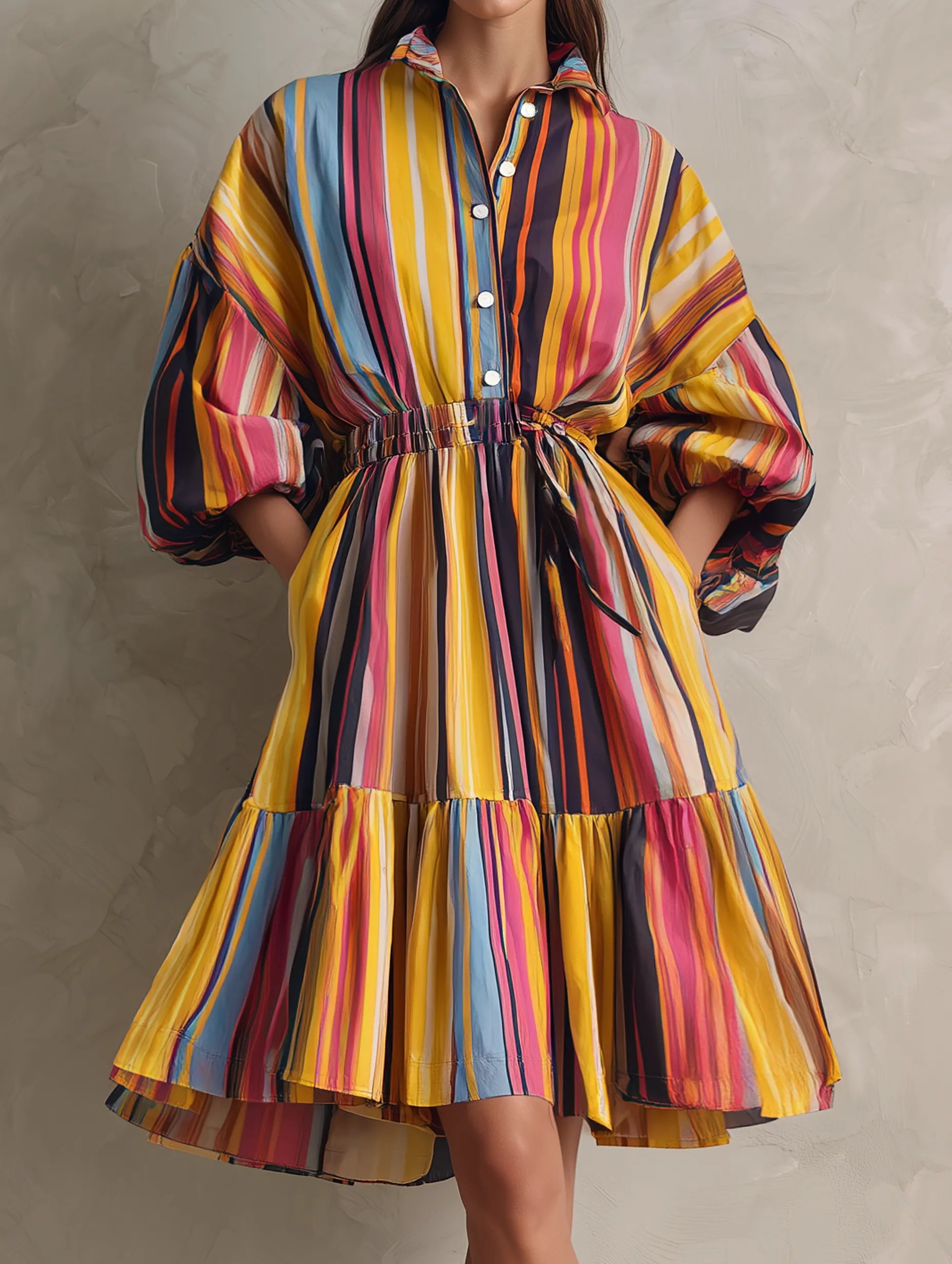 Women's Casual Woven Midi Dress With Colorful Print And 3/4 Sleeves MDZ0973G1LXY