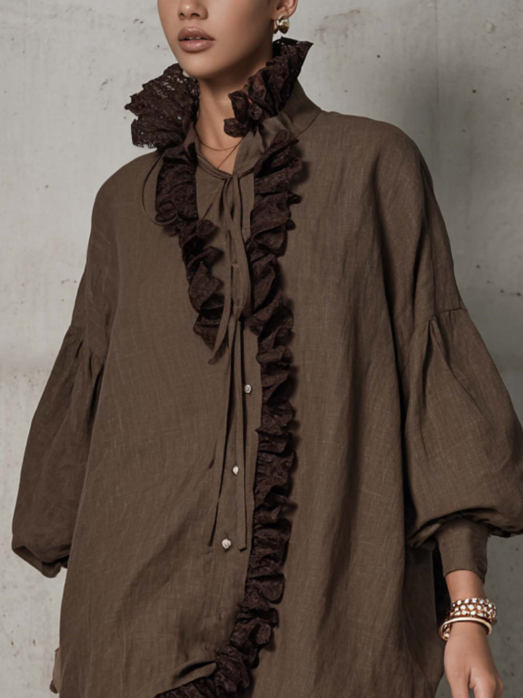 Oversized Lace Ruffle Trim Balloon Sleeve Linen Shirt Dress