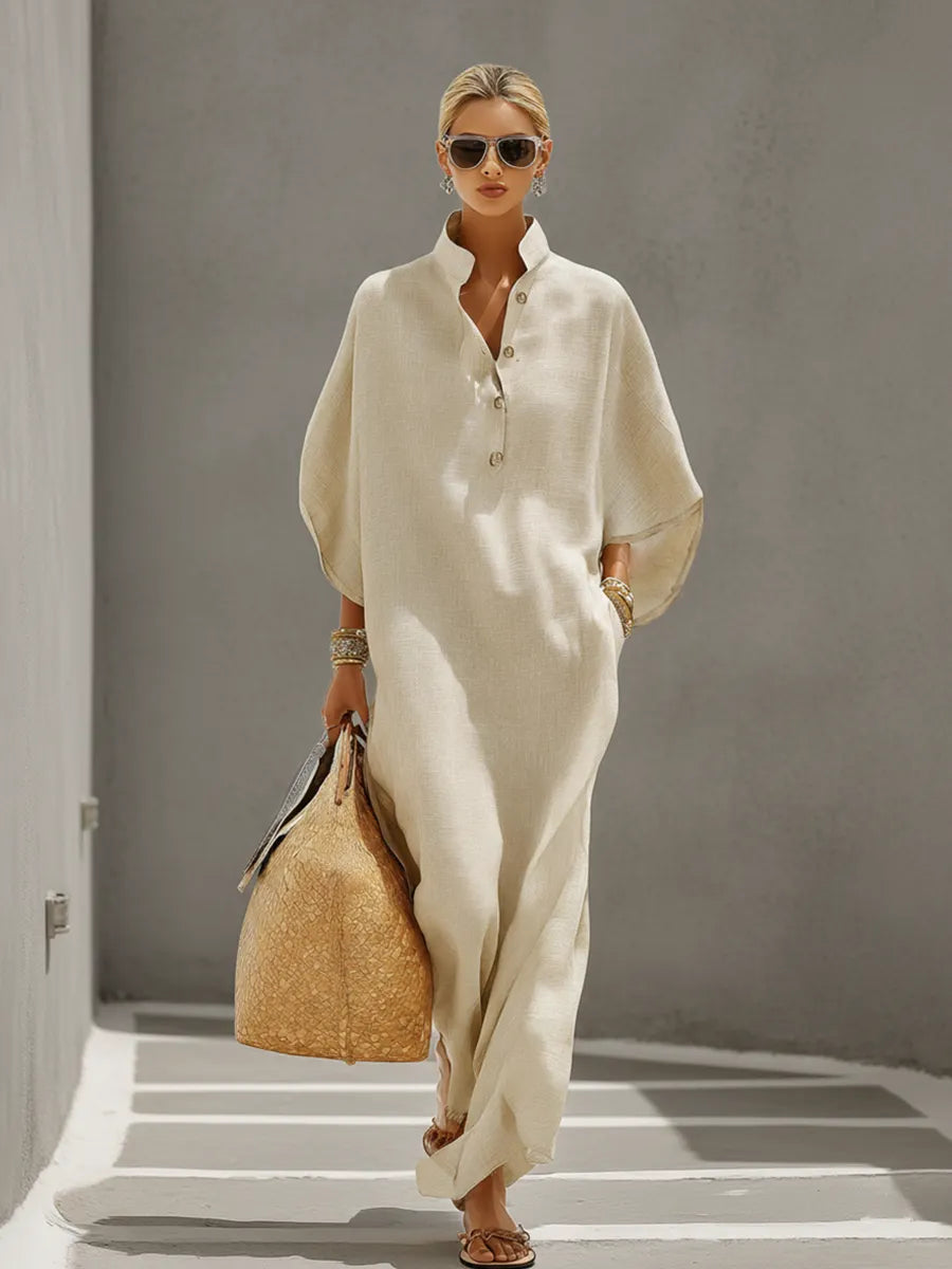 Women's Oatmeal Linen Dress With Mandarin Collar & Dolman Sleeves, Timeless Resort-Casual Style Dress MDZ0552B1I