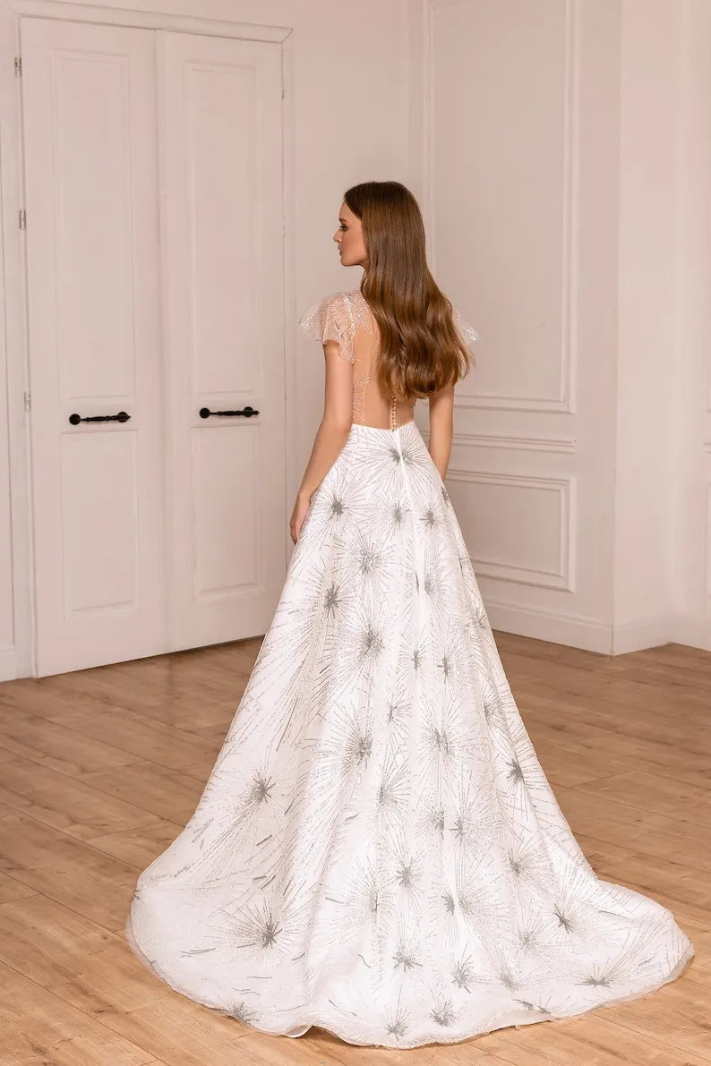 A-line wedding dress BS-014, Cathedral wedding dress, Lace wedding dress, ivory wedding dress.
