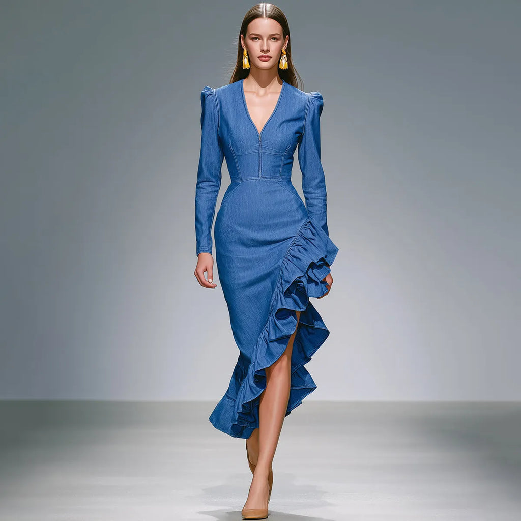 Elegant And Fashionable V-neck Blue Ruffled Midi Dress