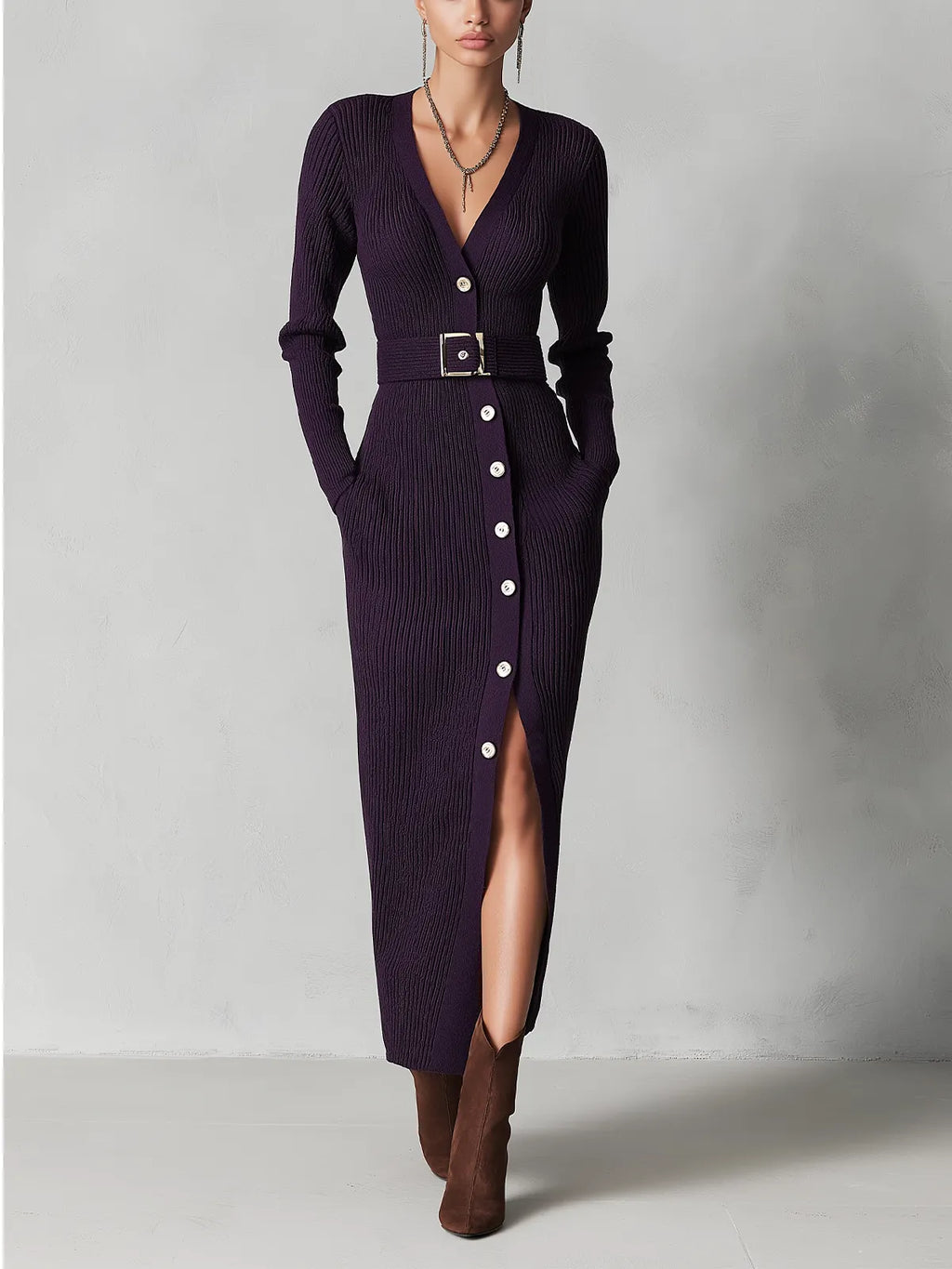 Deep Purple Ribbed Button-Front Maxi Dress