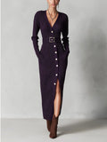 Deep Purple Ribbed Button-Front Maxi Dress