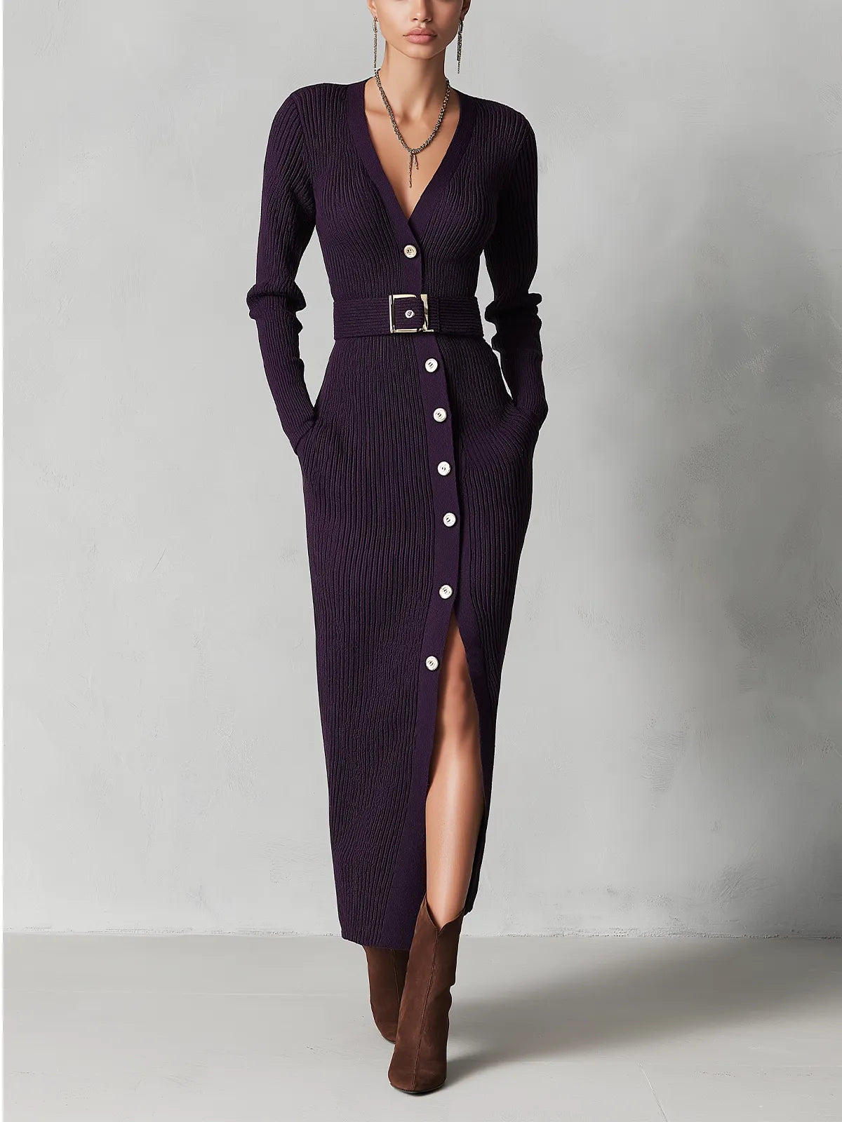 Deep Purple Ribbed Button-Front Maxi Dress
