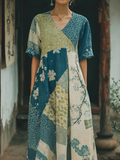 Japanese Art Retro Geometric Patchwork Plant Flower Print Women's V-neck Cotton And Linen Dress