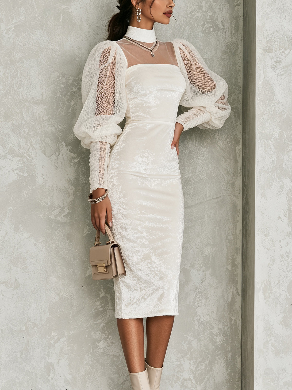 Ivory Velvet Mesh Sleeve Mock Neck Midi Dress