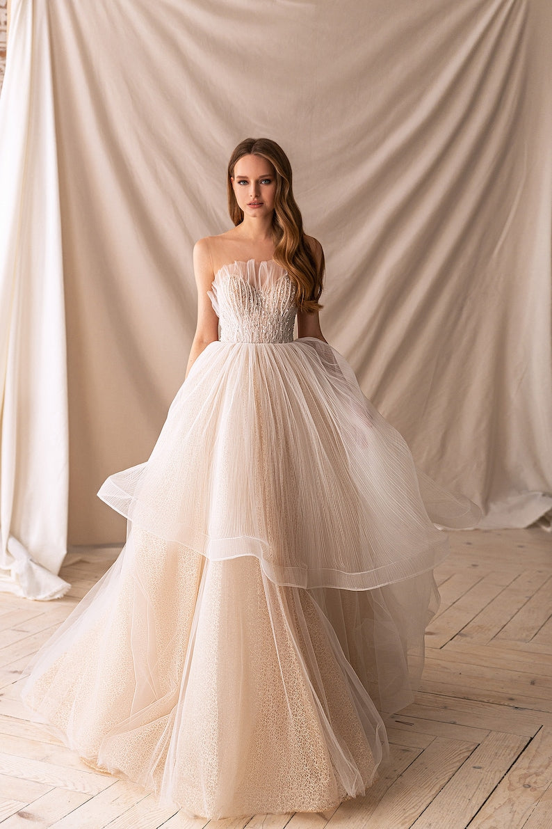 Ball gown wedding dress BS-027, Cathedral wedding dress, Lace wedding dress, ivory wedding dress.