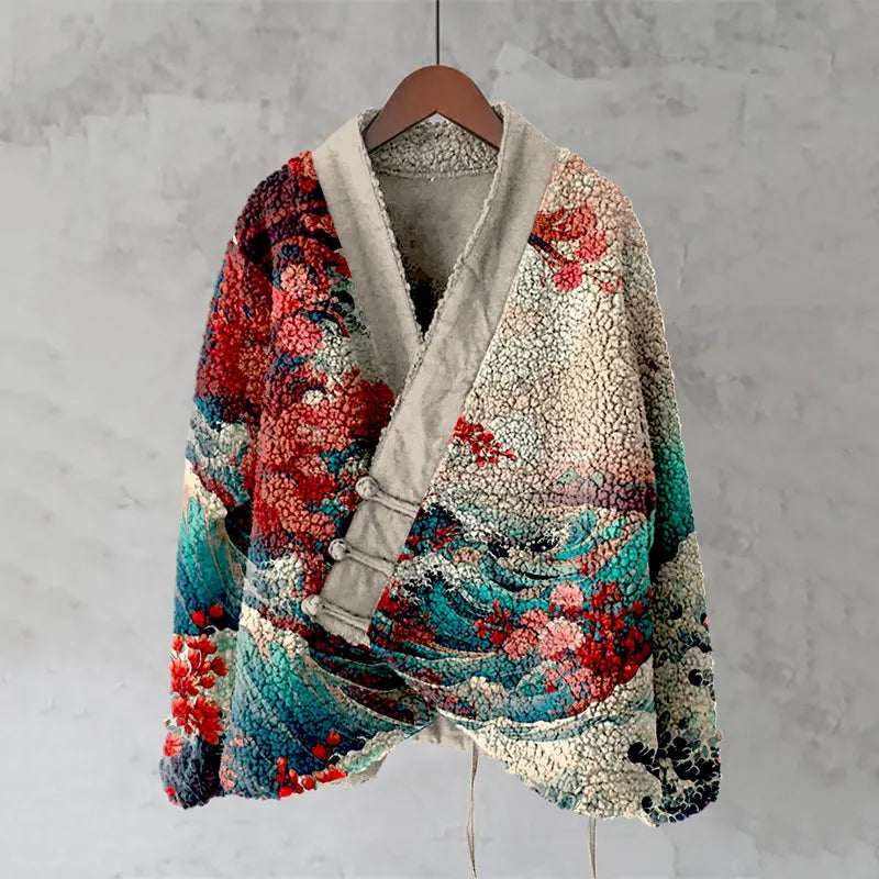Vintage Floral Sea Wave Japanese Art  Women'S Kimono Cardigan