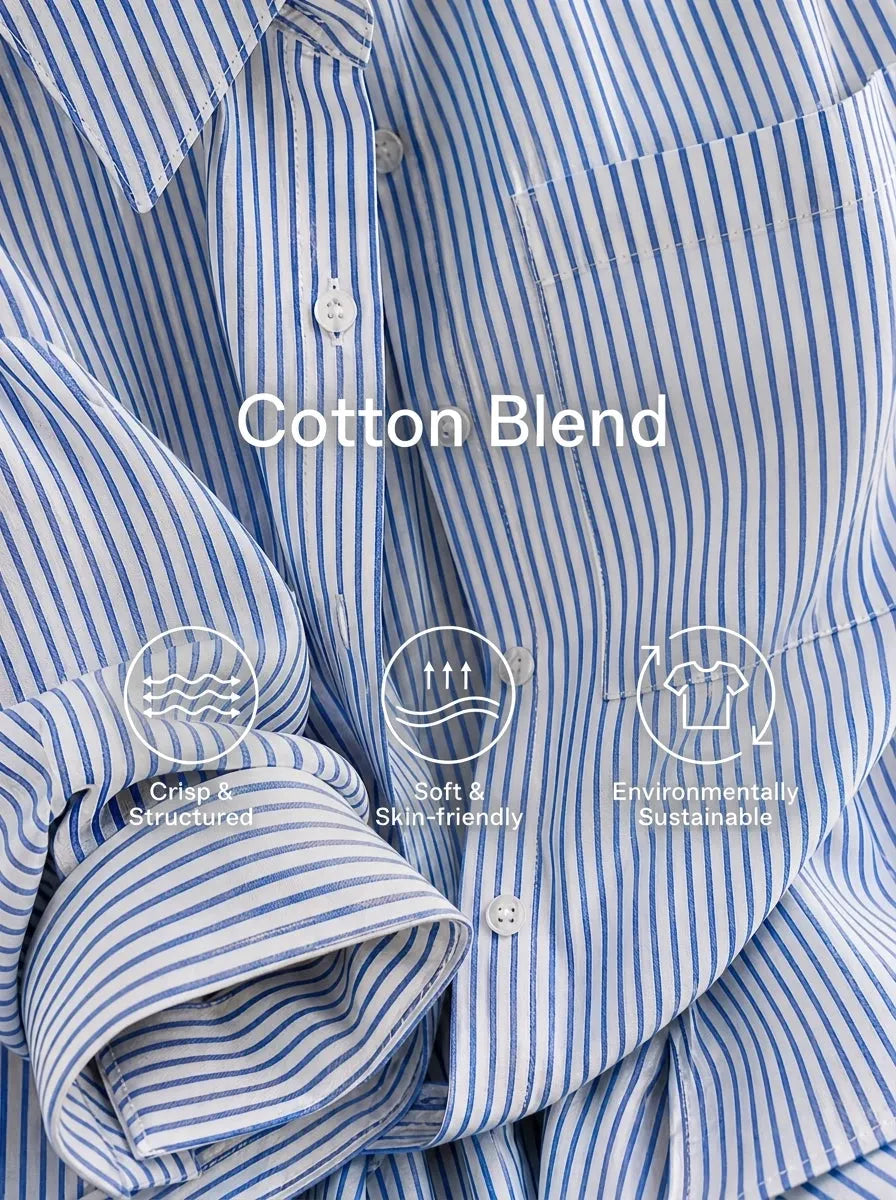 Women's Classic Commuter Blue White Cotton Blend Striped Pleated Pocket Button-Down Shirt MDZ1664G4GMJ