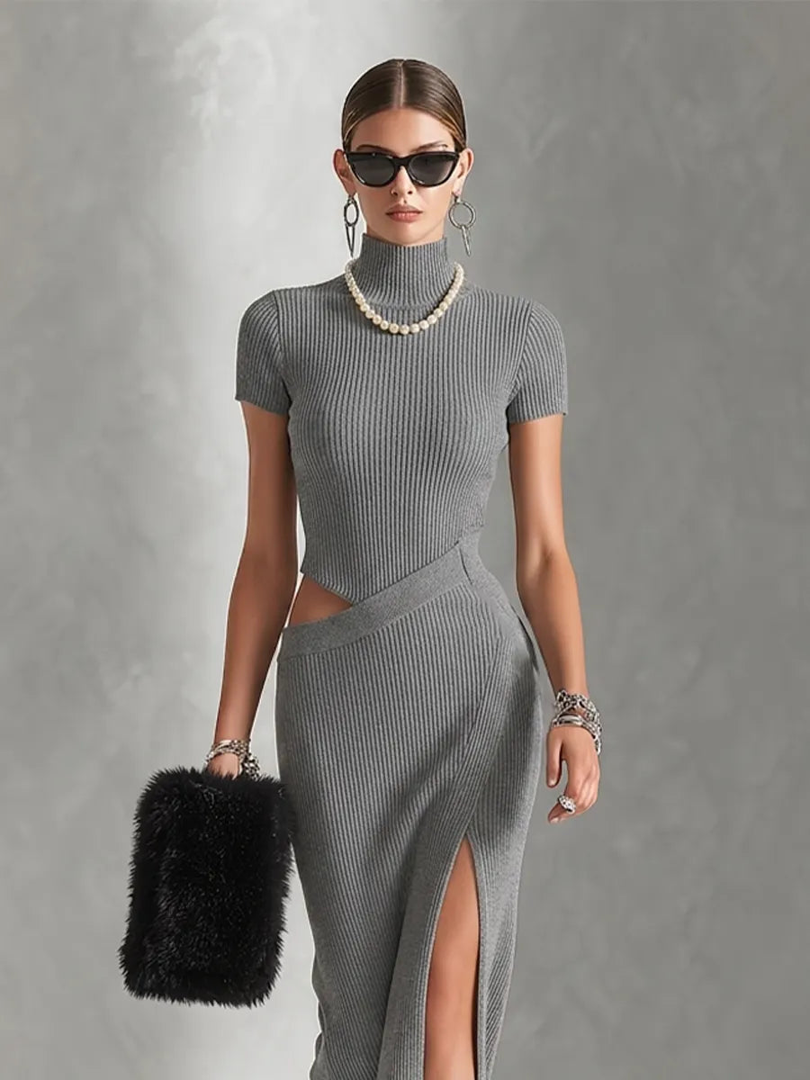 Women's Solid Grey Stretch Rib Knit Maxi Gown With Short Sleeve Turtleneck & Wrap Asymmetric Waist Detail, Modern Chic Night Out Maxi Dress MDZ0761G0LYL