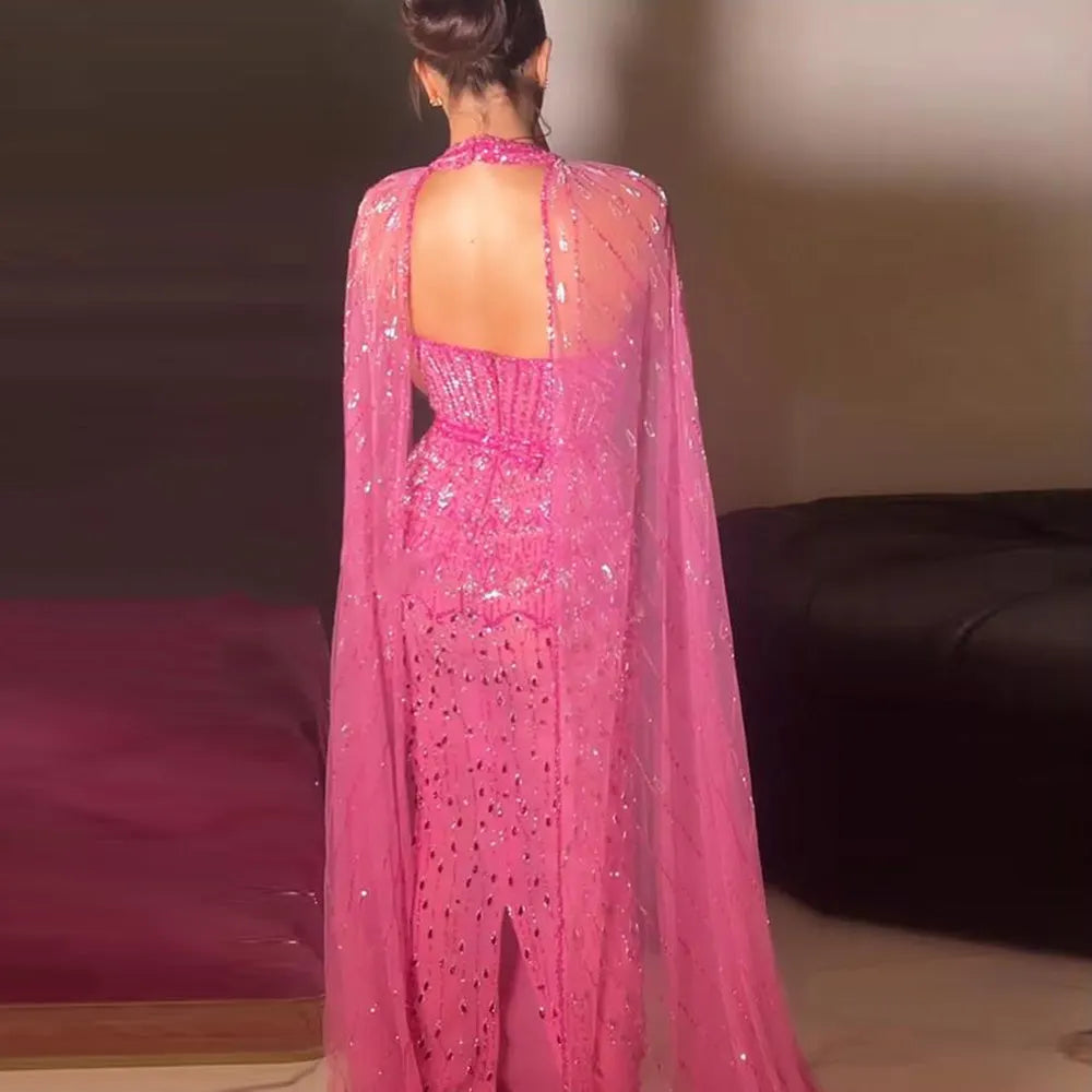 DreamyVow  Luxury Dubai Mermaid Pink Evening Dresses with Cape Sleeves 2023 Arabic Women Wedding Guest Formal Party Gowns 361