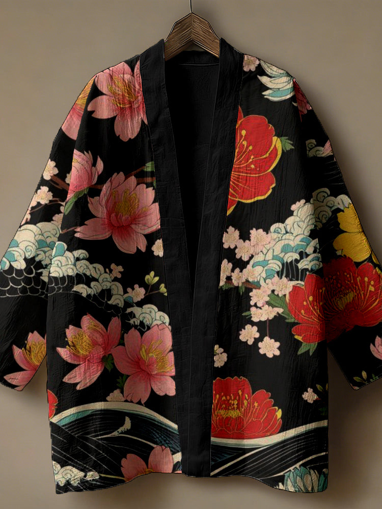 Retro Sakura Flowers Japanese Art Linen Kimono