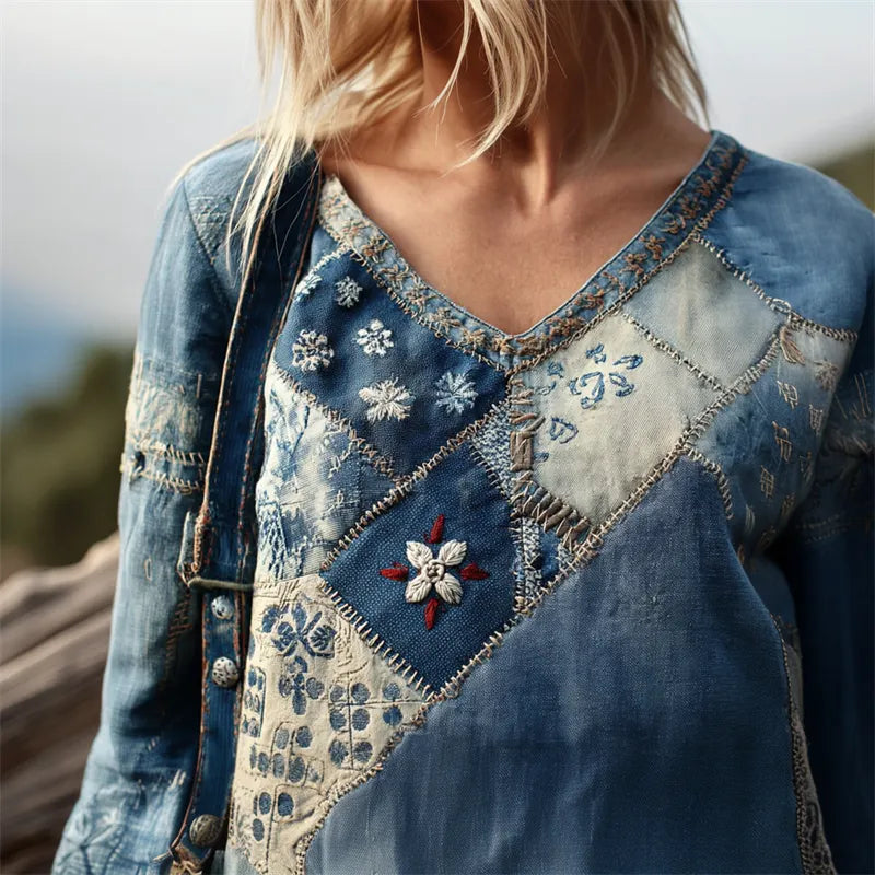 Vintage Floral Japanese Sashiko Embroidered Patchwork Linen Tunic