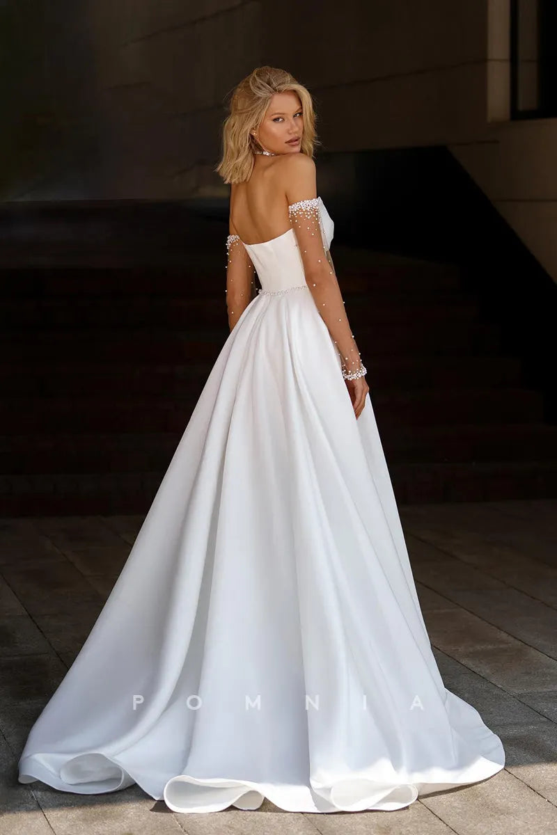 P3084 - Off Shoulder Empire Pearls V-Neck Pleated Long Beach Wedding Dress with Sleeves