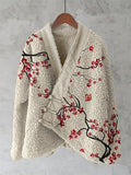 Plum Blossom Japanese Brush Art Cozy Fleece Kimono Cardigan