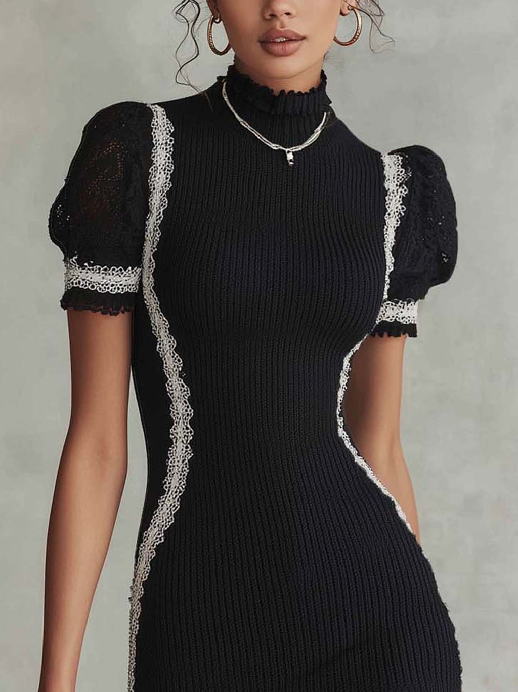 Black Ribbed Knit Bodycon Mini Dress With Lace Trim And Ruffle Hem