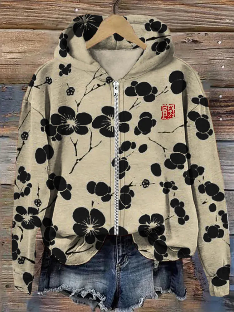Cherry Blossom Japanese Lino Art Full Zip Hoodie