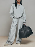 Women's Ash Gray Knit Co-Ord With Oversized Crew Neck Layered Top & Drawstring Waist Stitch Trim Trousers, Modern Loose Athleisure Daily Outfit MDZ2951F7LYL