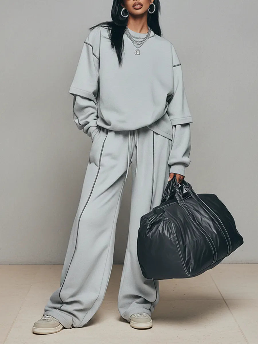 Women's Ash Gray Knit Co-Ord With Oversized Crew Neck Layered Top & Drawstring Waist Stitch Trim Trousers, Modern Loose Athleisure Daily Outfit MDZ2951F7LYL