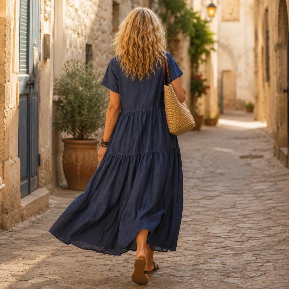 Marielle – Tiered Button-Front Denim-like Maxi Dress with Pockets