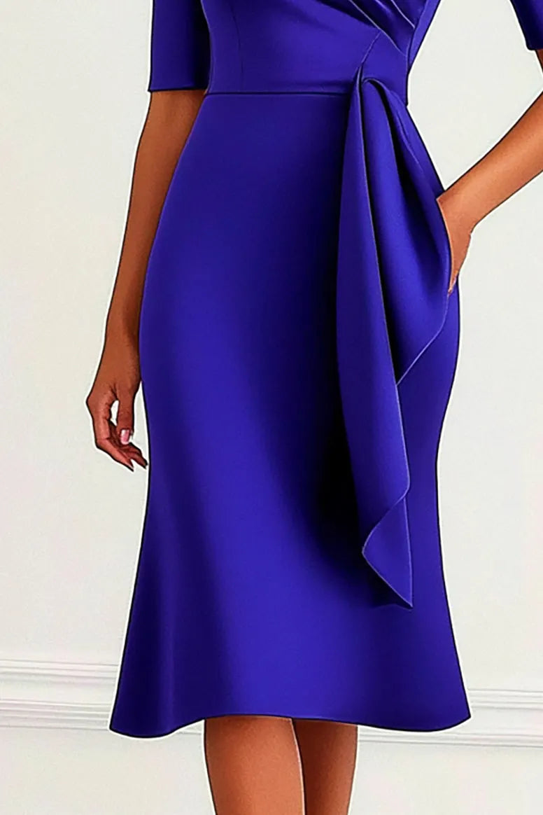 Wedding Guests Dress Dark Blue Crew Neck Midi Mother of the Bride Dress