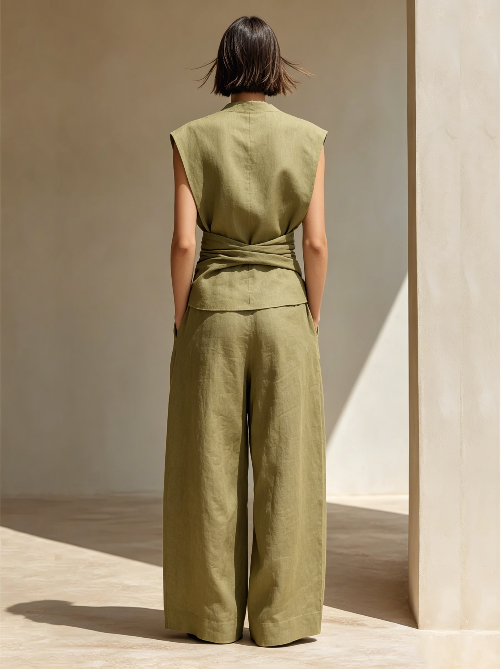 Women's Olive Green Linen Jumpsuit With Sleeveless Mock Neck & Front Waist Wrap Tie, Minimalist Resort Wide Leg Linen Jumpsuit MDZ3015F7LYL