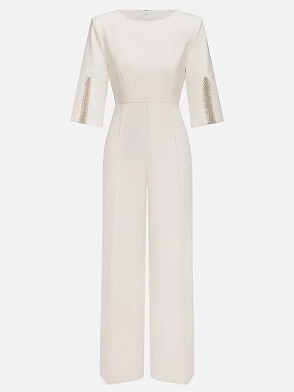 Loose Solid Color Split-Joint Round-Neck Jumpsuits