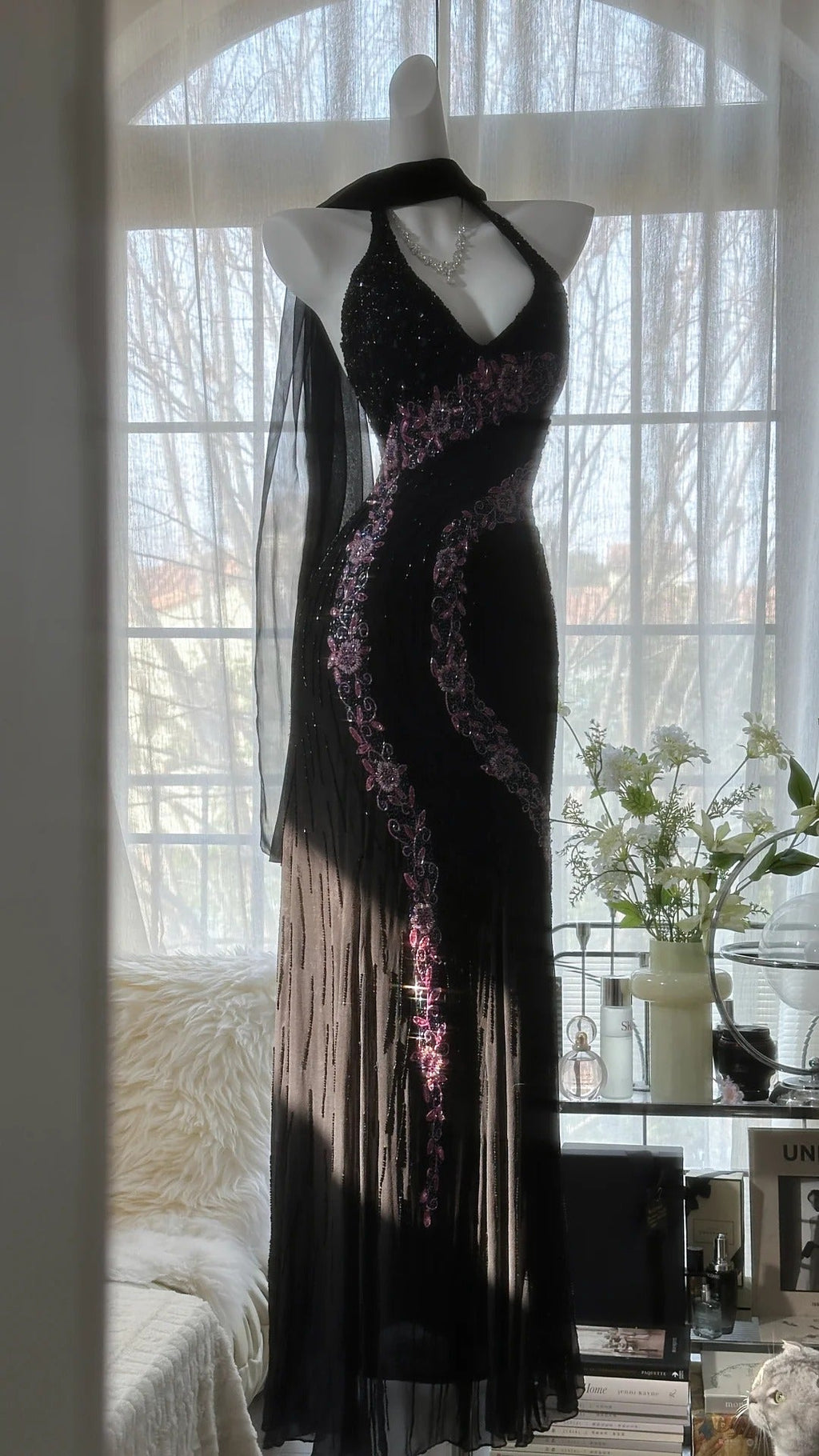 Black Shiny Vintage Elegant Romantic Delicate Pink Floral Beading Long Chiffon Homecoming Ball Gown Evening Dress Birthday/Wedding Guest/Holiday Party Dress Prom Dress