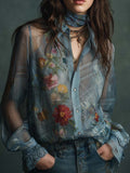 Vintage Boho Sheer Floral Button-Up Blouse