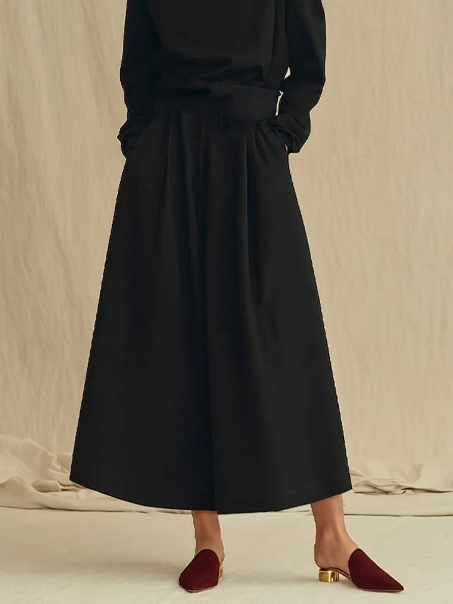 Women's Black Soft Woven Two-Piece Set With Turtleneck Cold Shoulder Long Sleeve Top & Side Pocket Skirt, Minimalist Elegant Smart Casual Matching Outfit MDZ0197G7LYL